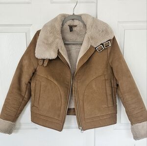 H&M Suede Jacket Coat Sherpa Fur Lined Buckle Collar Teddy Beige Winter
